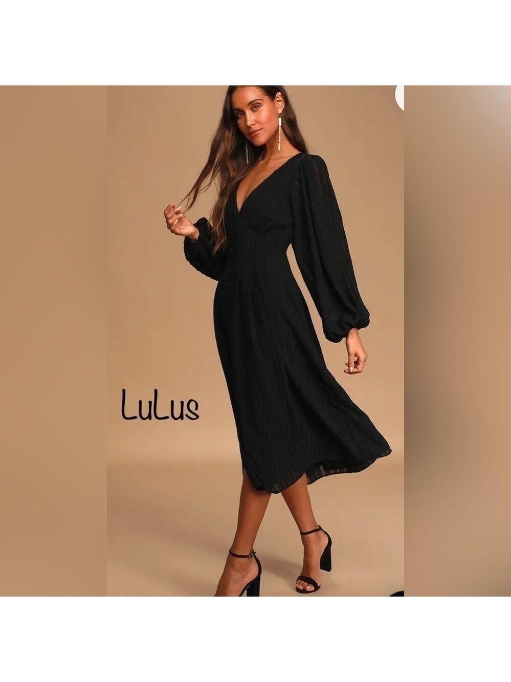🔥NEW Lulus Whimsigoth Airy Chic Black Long Sleeve Button Front Midi Dress XS
